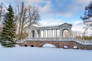Marble Bridge in Catherine park at Tsarskoe Selo in winter. Pushkin. Saint Petersburg. Russia