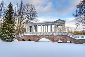 Marble Bridge in Catherine park at Tsarskoe Selo in winter. Pushkin. Saint Petersburg. Russia