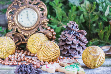 Fototapeta na wymiar Christmas decoration balls, clocks