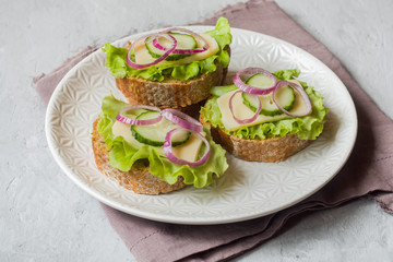 Open sandwiches with cheese, cucumbers and onions on wheat bread. Selective focus.