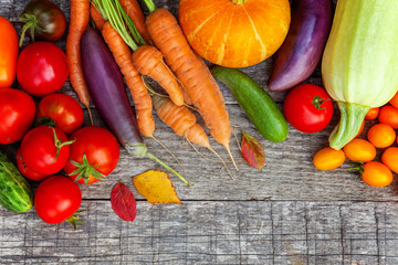 Assortment different fresh organic vegetables on country style wooden background. Healthy food vegan vegetarian eating dieting market concept. Local garden produce clean food. Copy Space