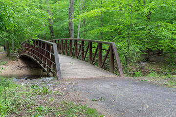 A metal and wood bridge over a creek in the middle of the woods