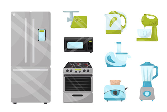 Flat vector set of kitchen electronic appliances. Household items. Elements for advertising poster of home goods store