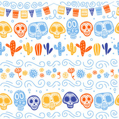 Vector seamless pattern for Mexico traditional celebration - dia de los muertos - with skull, garland, cacti, floral ornament isolated on white background. Good for packaging design, print, decor, web