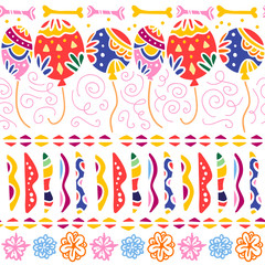 Vector seamless pattern for Mexico traditional celebration - dia de los muertos - with colorful air balloons, abstract ornaments, bones, flowers isolated on white background. Packaging design, prints.