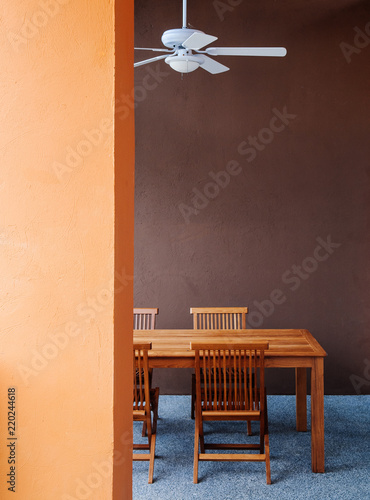 Asian Colored Style Dining Room With Wood Table And Ceiling