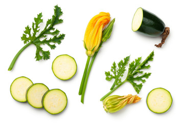 Green Zucchini with Leaf and Flower Isolated on White Background