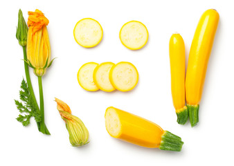 Yellow Zucchini with Leaf and Flower Isolated on White Background