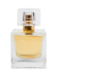 Golden perfume bottle isolated on white background, copy space template