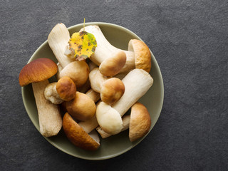 Autumn fresh boletus mushrooms in a plate on a dark surface of a table, close up. Forest cepes 