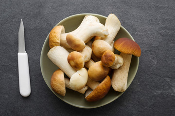 Autumn fresh boletus mushrooms in a plate on a dark surface of a table, close up. Forest cepes 