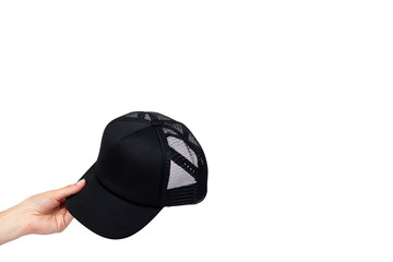 Empty textile cap with hand isolated on white background, copy space template