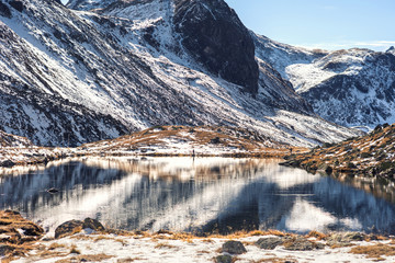 Snow mountains and a lake in Switzerland.  Fluela pass in Switzerland in winter.