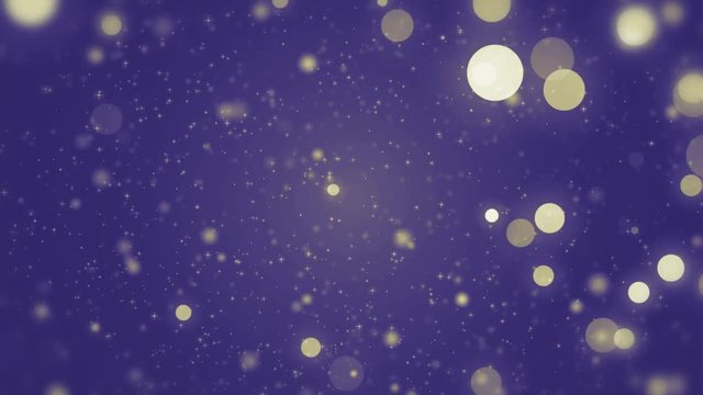 Blue light shine particles bokeh, holiday concept. Christmas animated gold background with circles and stars. Space background. Blue screen. Seamless loop.