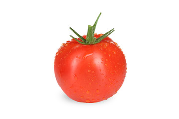 Tomate mit Wassertropfen auf weißem Untergrund