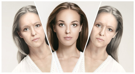 Comparison. Portrait of beautiful woman with problem and clean skin, aging and youth concept,...