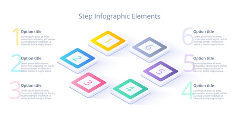 Business process chart infographics with 6 step segments. Isometric 3d corporate timeline infograph elements. Company presentation slide template. Modern vector info graphic layout design.