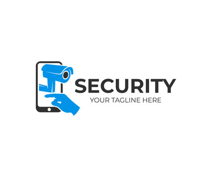 Surveillance camera, smartphone and arm or hand presses on touch screen, logo design. Security, technology and innovation, vector design and illustration