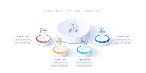 Business process chart infographics with 4 step segments. Isometric 3d corporate timeline infograph elements. Company presentation slide template. Modern vector info graphic layout design.