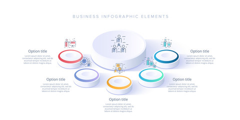 Business process chart infographics with 5 step segments. Isometric 3d corporate timeline infograph elements. Company presentation slide template. Modern vector info graphic layout design.