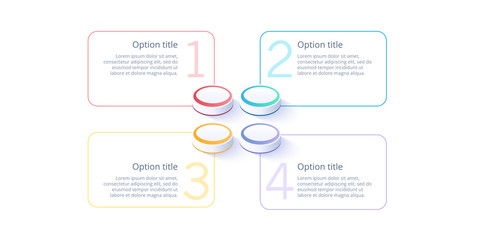 Business process chart infographics with 4 step segments. Isometric 3d corporate timeline infograph elements. Company presentation slide template. Modern vector info graphic layout design.