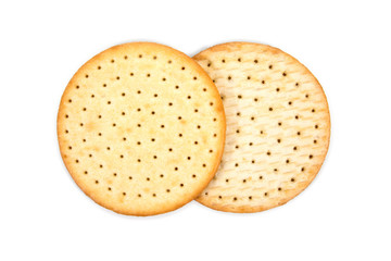 It is two thin round biscuits cracker isolated on white background