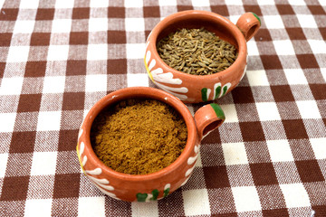 インド料理の香辛料　クミンシードとクミンパウダー　コピースペースあり Indian cuisine spices: cumin seeds and cumin powder, copy space available