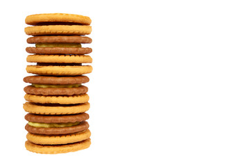 Cookies with cream filling isolated on white background, copy space template.