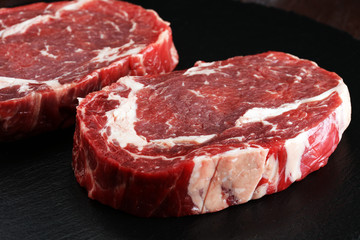 Steak raw. Barbecue Rib Eye Steak, dry Aged Wagyu Entrecote Steak.