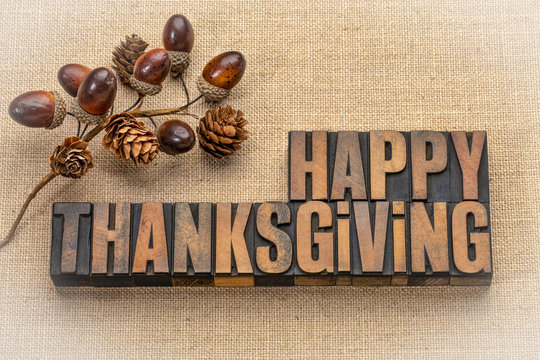 Happy Thanksgiving greeting card in wood type