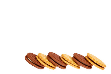 Cookies with cream filling isolated on white background, copy space template.