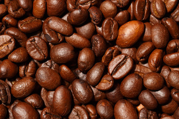 Close up of coffee beans texture background, selective focus