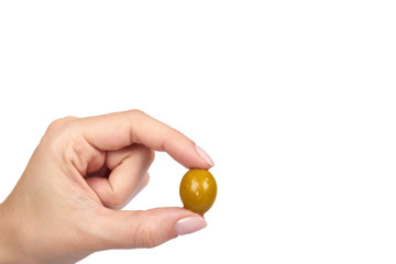 Organic olive berry with hand isolated on white background, copy space template