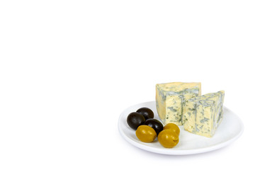 Piece of milky blue cheese with olives, isolated on white background, copy space template