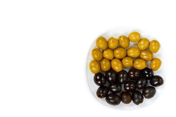 Organic olive berry on plate isolated on white background, copy space template