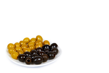Organic olive berry on plate isolated on white background, copy space template