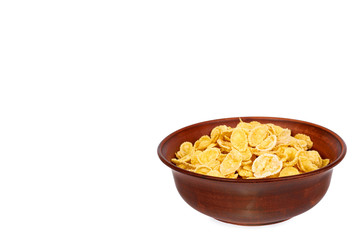 Fototapeta na wymiar bowl of corn flakes isolated on white background, copy space template