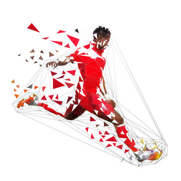 Football player in red jersey kicking ball, abstract low poly vector drawing. Soccer player, isolated geometric colorful illustration, side view