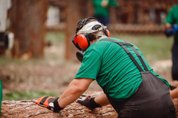 Woodcutter man on a sawmill is preparing a tree.