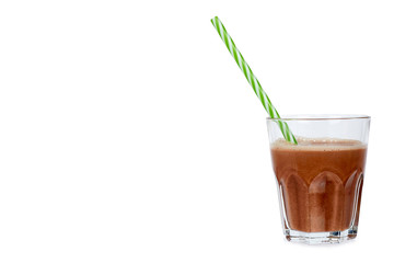 Glass of chocolate milk cocoa and straw isolated on white background, copy space template