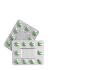 Silver blister packs pills isolated on white background, copy space template