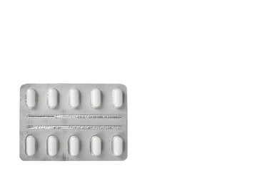 Silver blister packs pills isolated on white background, copy space template