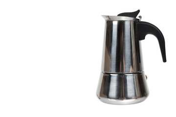 Metal geyser coffee pot isolated on white background, copy space template