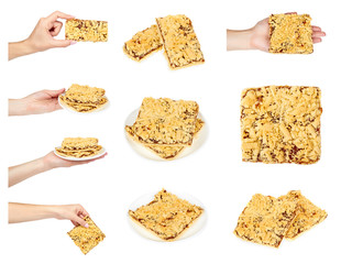 set of different Slim apple pie with confiture in hand, isolated on white background.