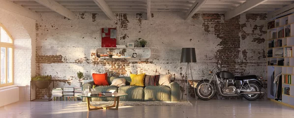 Fotobehang modern vintage bakstenen loft-appartement met fakkels © Christian Hillebrand