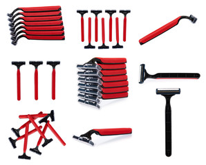 set of different Red disposable shaving razor isolated on white background