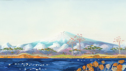 The volcano of Fujiyama, Japan. Panorama of mountains, lake with trees on the shore and reeds in the foreground. Oil painting.