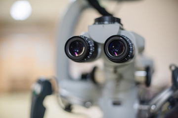Modern medical equipment for ophthalmology operation surgical microscope in hospital.