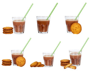 set of different Glass of chocolate milk cocoa and straw with homemade cookies isolated on white background.