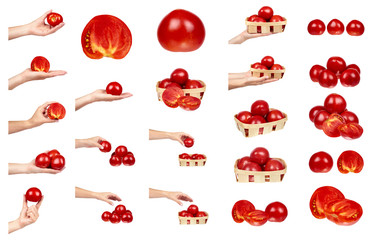 set of different Fresh organic red tomato with hand isolated on the white background